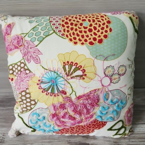 Pier 1 Imports Multicolored Floral Pastel Embroidered Pillow Pink Stripe Back - Picture 5 of 13